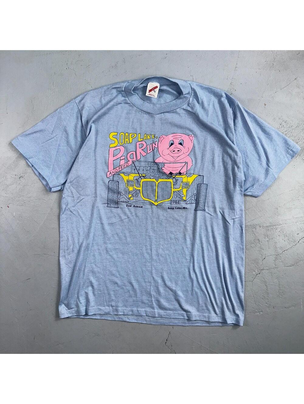 Pig Run and Feed 80s VTG T Shirt 1988 Cute Fun Graphic Racing Cars Soap Lake WA - Picture 2 of 7